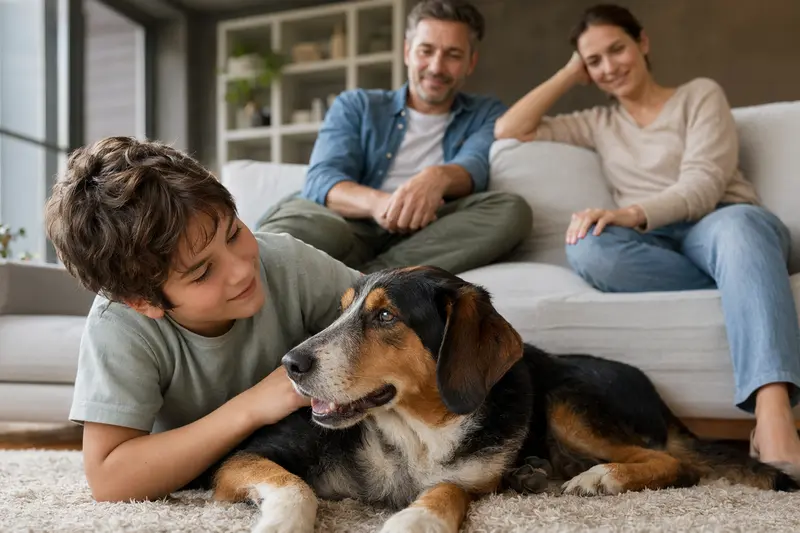 Ein dreifarbiger serbischer Laufhund liegt entspannt neben einem Kind in einem hellen Wohnzimmer, während die Eltern im Hintergrund zu sehen sind.