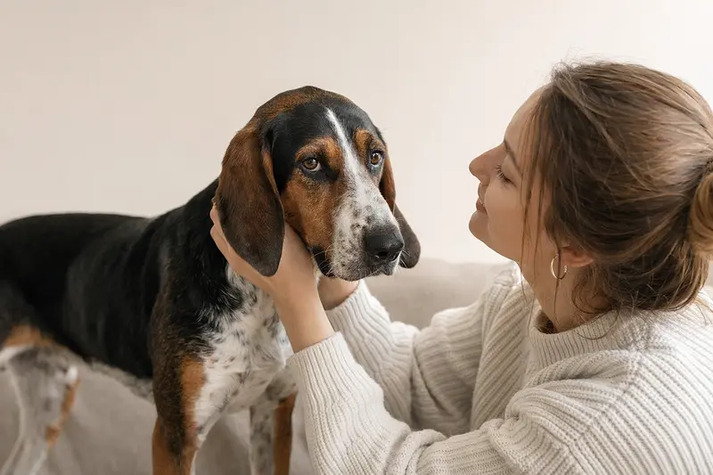 Aufmerksamer dreifarbiger Serbischer Laufhund im professionellen Tierportrait vor hellem neutralem Hintergrund.
