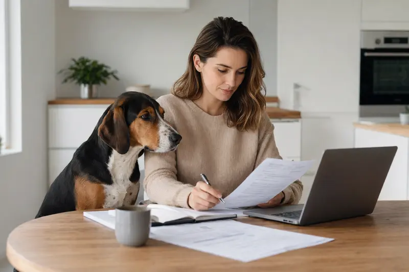 Ein Dreifarbiger Serbischer Laufhund sitzt entspannt neben seinem Besitzer am Küchentisch, auf dem Versicherungsunterlagen und ein Laptop liegen.