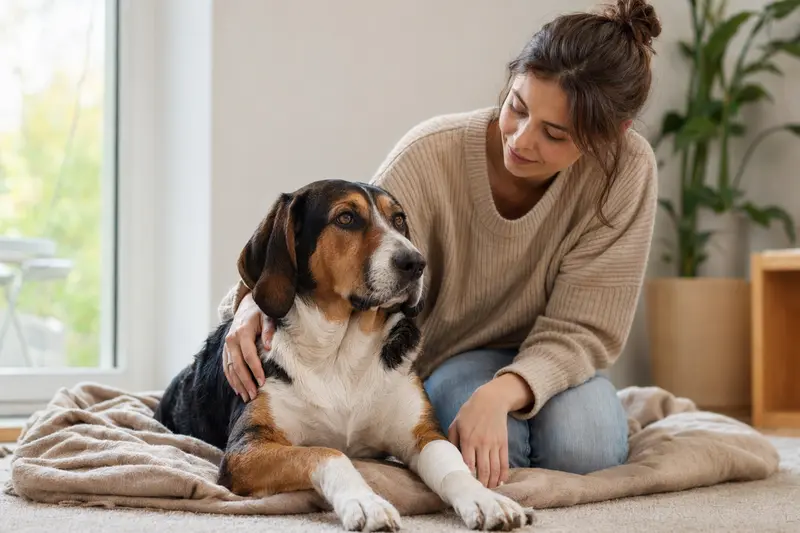 Ein Dreifarbiger Serbischer Laufhund mit einem leichten Verband an der Pfote liegt relaxed auf einer Decke, während sein Besitzer erleichtert neben ihm sitzt.