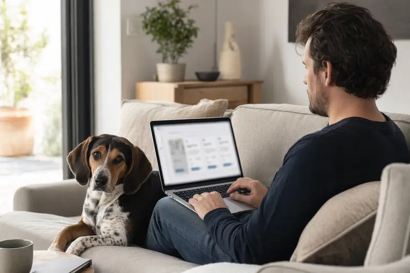 Hundebesitzer sitzt mit Laptop auf dem Sofa neben einem Dreifarbigen Serbischen Laufhund und vergleicht Versicherungen.