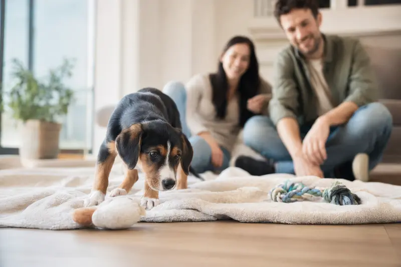 Ein neugieriger Dreifarbiger Serbischer Laufhund Welpe erkundet sein neues Zuhause mit einer weichen Decke und Spielzeugen.