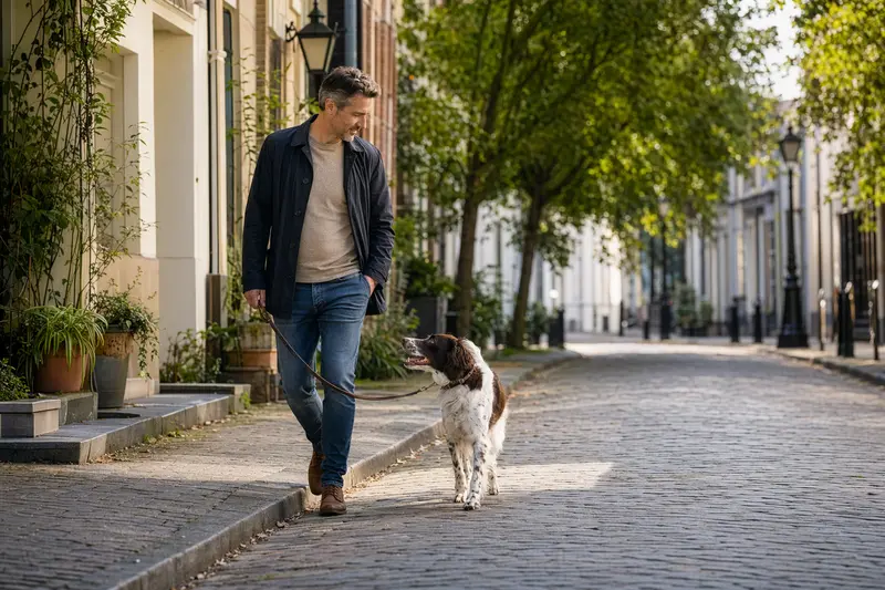 Ein Drentsche Patijshond läuft an der Leine mit seinem Besitzer durch eine moderne Stadtstraße.