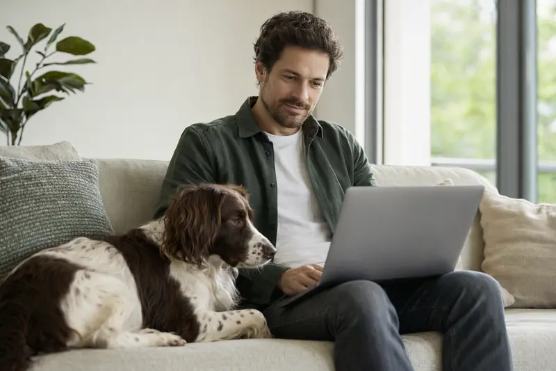 Ein Hundebesitzer sitzt mit einem Laptop auf dem Sofa, während ein Drentsche Patijshond neben ihm liegt und die Versicherungsvergleichsseite auf dem Bildschirm zeigt.