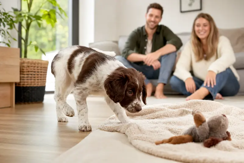 Junger Drentsche Patijshond Welpe erkundet neugierig sein neues Zuhause in einer hellen Wohnung mit Decke und Spielzeug.