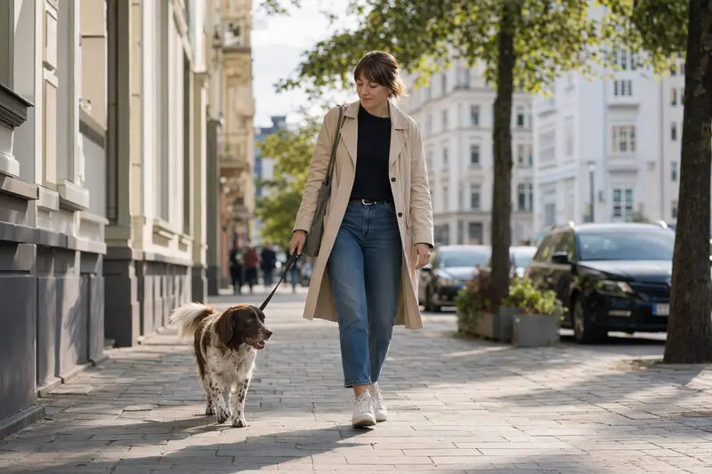 Ein Drentsche Patrijshond läuft an der Leine mit seinem Besitzer durch eine moderne Stadtstraße.