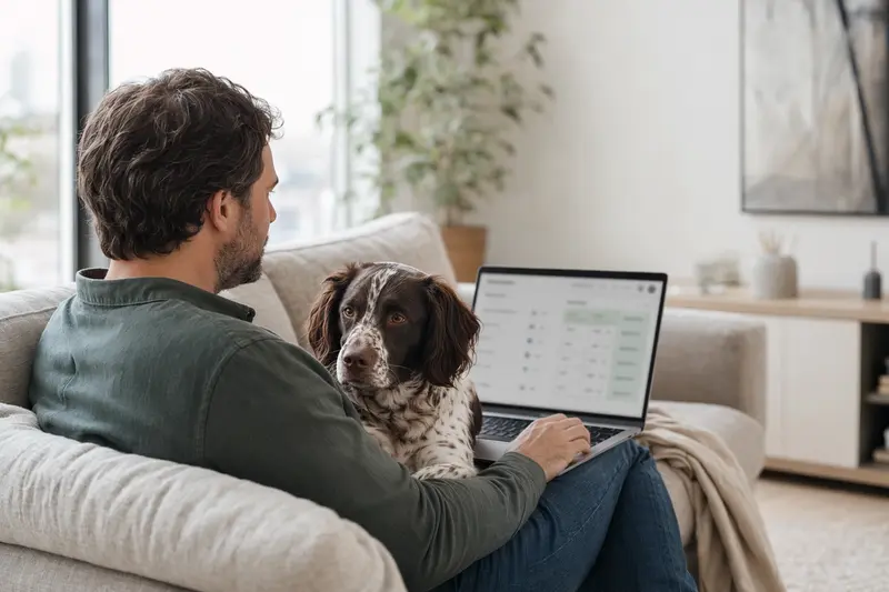 Ein Hundehalter sitzt entspannt auf dem Sofa mit einem Laptop, während ein Drentsche Patrijshond neben ihm liegt und eine neutrale Versicherungsvergleichs-Oberfläche auf dem Bildschirm zu sehen ist.
