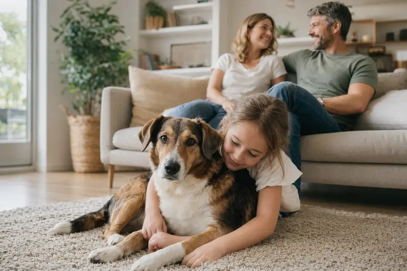 Ein freundlicher Drever Hund liegt entspannt neben einem Kind im Wohnzimmer und sorgt für eine vertrauensvolle Atmosphäre.