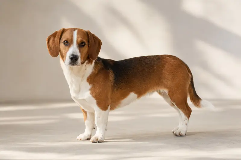 Ein aufmerksamer Drever Hund steht in natürlicher Haltung vor hellem neutralem Hintergrund.