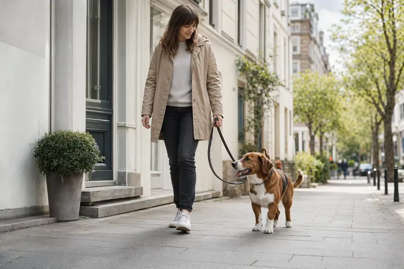 Ein Drever Hund läuft an der Leine mit seinem Besitzer durch eine moderne Stadtstraße in entspannter Alltagssituation.