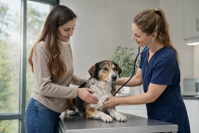 Ein ruhiger Drever Hund wird sanft von einer freundlichen Tierärztin mit einem Stethoskop auf einem Untersuchungstisch untersucht.