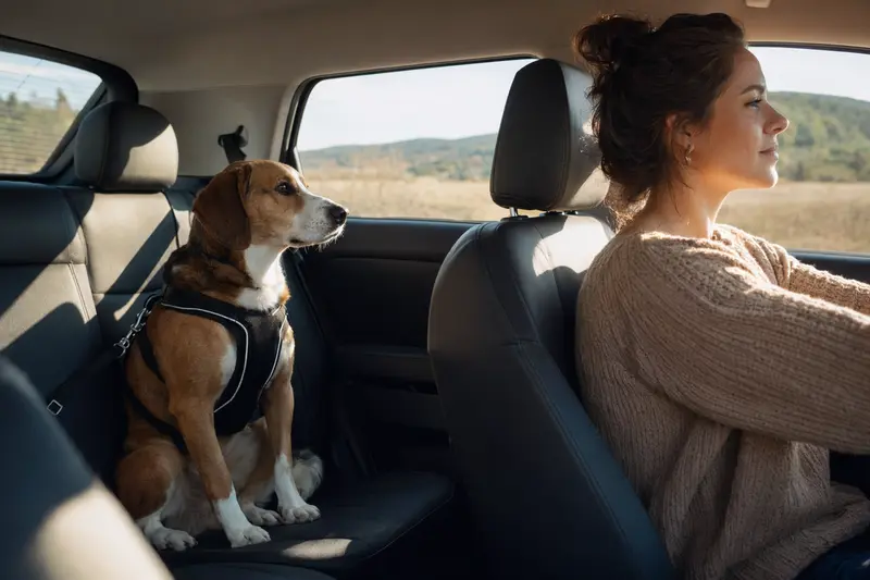 Ein Drever Hund sitzt sicher angeschnallt auf der Rückbank eines Autos, während der Besitzer ruhig fährt.