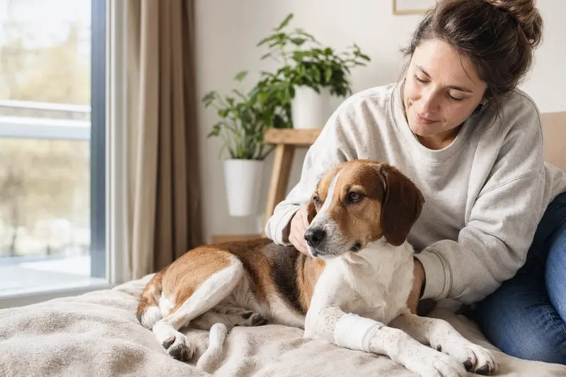 Ein Drever Hund mit einem leichten Verband an der Pfote liegt entspannt auf einer Decke, während sein Besitzer beruhigend an seiner Seite sitzt.