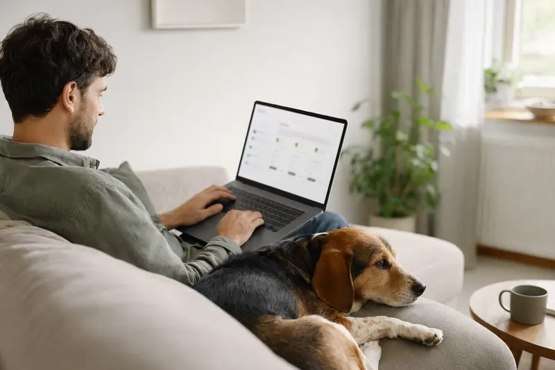 Ein Hundebesitzer nutzt seinen Laptop auf dem Sofa, während ein Drever neben ihm sitzt. Der Bildschirm zeigt eine unscharfe Versicherungsvergleichsseite.