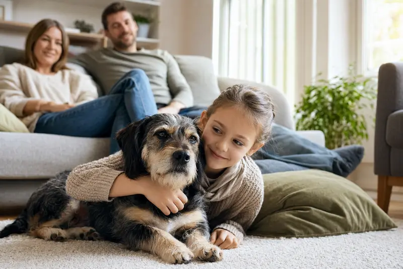 Ein Dürrbächler Hund liegt entspannt neben einem Kind im hellen Wohnzimmer und vermittelt eine sichere Familienatmosphäre.