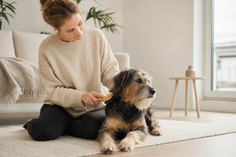 Ein Dürrbächler Hund wird zuhause sanft gebürstet, während der Besitzer die Fellpflege liebevoll übernimmt.