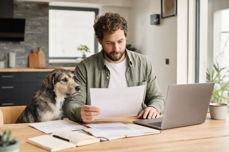 Ein Dürrbächler sitzt ruhig neben seinem Besitzer am Küchentisch mit Versicherungsunterlagen und Laptop, passend zum Thema Hundeversicherung.