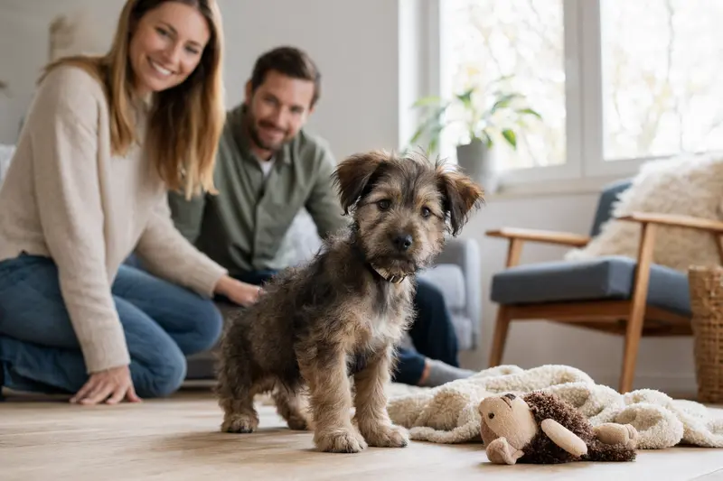 Ein junger Dürrbächler Welpe erkundet neugierig sein neues Zuhause in einer hellen Wohnung mit weicher Decke und Spielzeug.