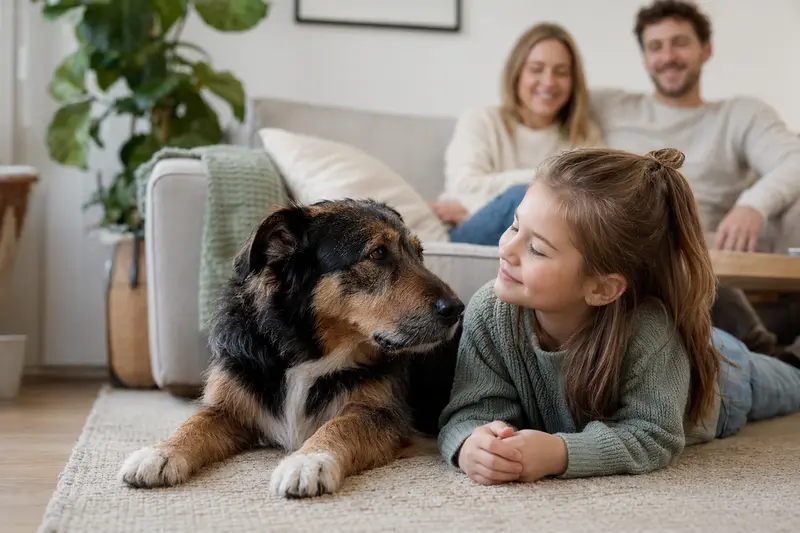 Ein entspannter Dunker Hund liegt neben einem Kind in einem hellen Wohnzimmer und strahlt Vertrauen aus.