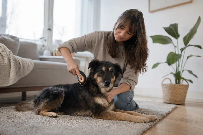 Ein Dunker Hund wird in einer hellen Wohnung sanft gebürstet, während sein Besitzer liebevoll die Fellpflege übernimmt.