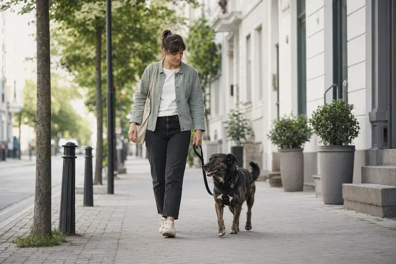 Ein Dunker Hund läuft an der Leine mit seinem Besitzer durch eine freundliche moderne Stadtstraße.