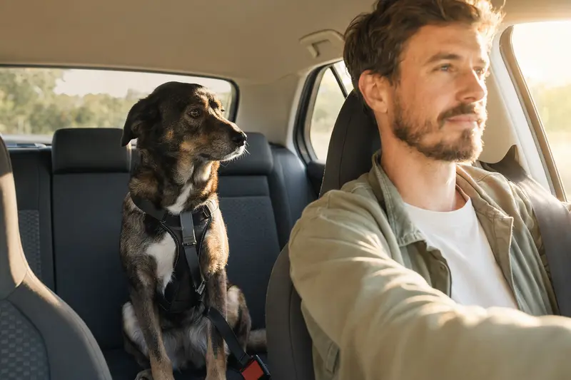 Ein Dunker Hund sitzt sicher angeschnallt auf der Rückbank eines Autos, während der Besitzer ruhig fährt.