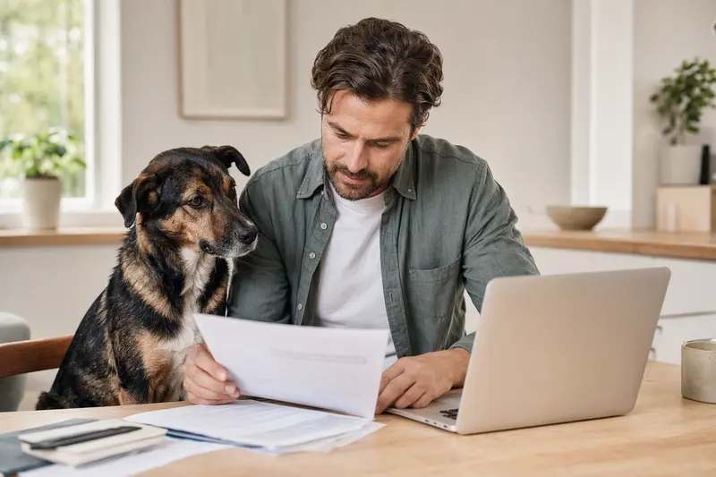Ein Dunker Hund sitzt neben seinem Besitzer am Küchentisch, während Versicherungsunterlagen und ein Laptop darauf liegen.