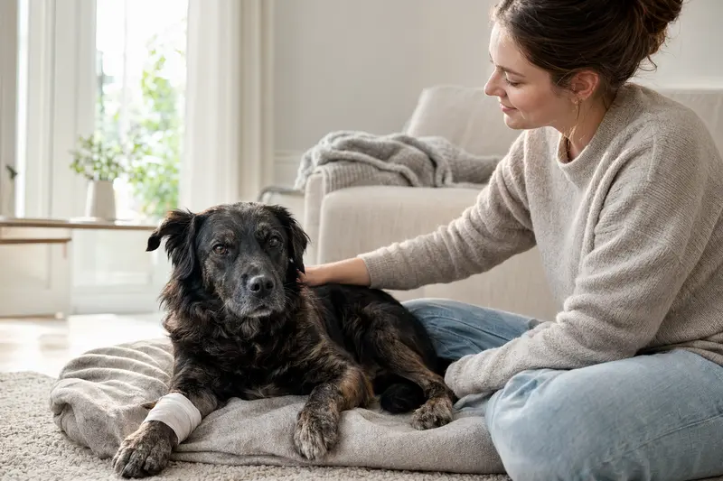 Ein Dunker Hund mit einem Verband an der Pfote liegt neben seinem erleichterten Besitzer in einer hellen Wohnung und strahlt Ruhe aus.