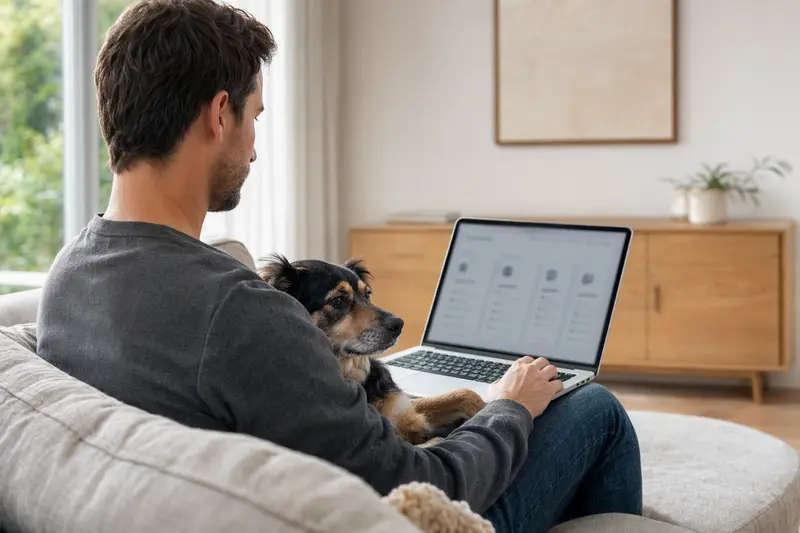 Ein Hundebesitzer nutzt einen Laptop auf dem Sofa, während ein Dunker Hund neben ihm sitzt.