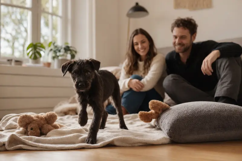 Ein junger Dunker Welpe entdeckt neugierig seine neue Umgebung mit Spielzeug und einer liebevollen Familie im Hintergrund.