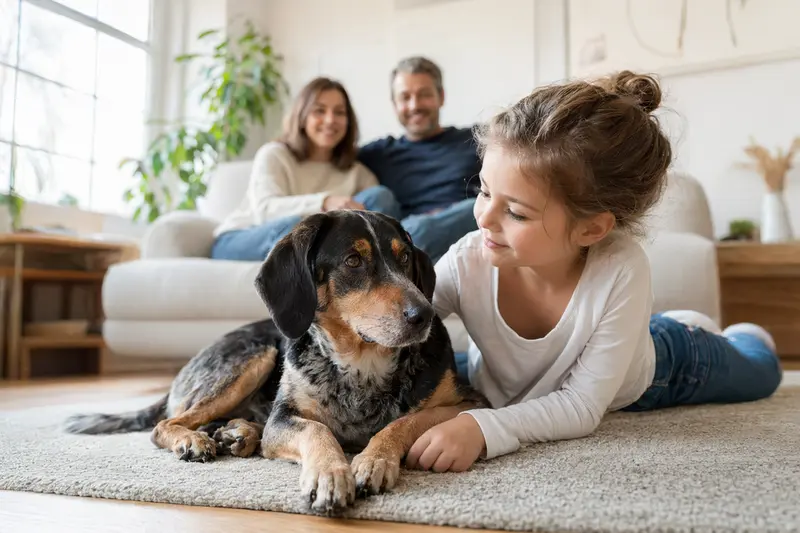 Ein freundlicher Dunkerbracke Hund liegt entspannt neben einem Kind im Wohnzimmer.