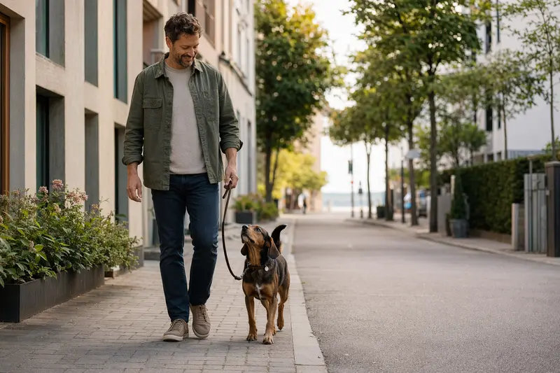 Ein Dunkerbracke läuft an der Leine mit seinem Besitzer durch eine freundliche Stadtstraße im Alltag.