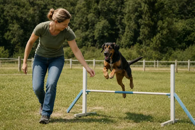 Ein aktiver Dunkerbracke Hund springt mit seinem Besitzer über eine kleine Trainingshürde auf dem Hundeplatz.