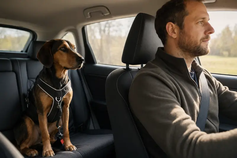 Ein Dunkerbracke Hund ist sicher angeschnallt auf der Rückbank eines Autos, während sein Besitzer fährt.
