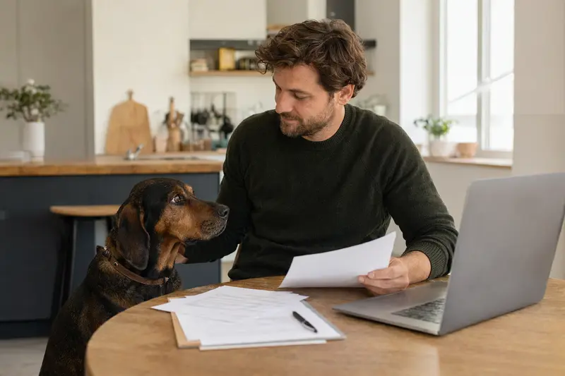 Ein Dunkerbracke Hund sitzt ruhig neben seinem Besitzer am Küchentisch, während Versicherungsunterlagen und ein Laptop auf dem Tisch liegen.