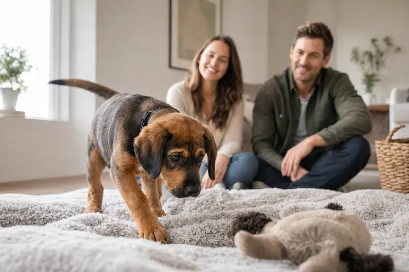 Ein junger Dunkerbracke Welpe erkundet neugierig sein neues Zuhause, umgeben von seiner Familie und Spielzeug.