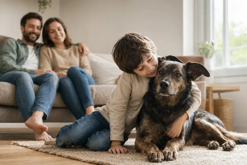 Ein freundlicher Dunkerlaufhund liegt entspannt neben einem Kind im Wohnzimmer und vermittelt eine vertrauensvolle Atmosphäre.