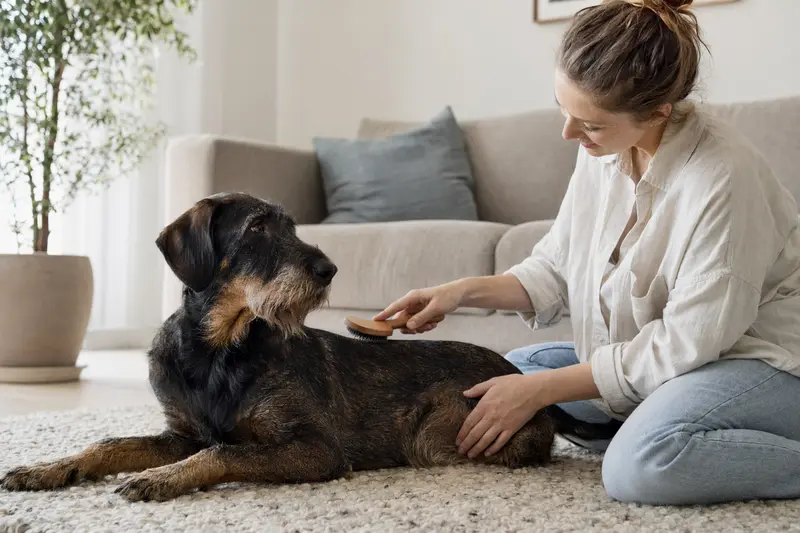 Ein Dunkerlaufhund wird zuhause von seinem Besitzer sanft gebürstet und bei der Fellpflege liebevoll betreut.