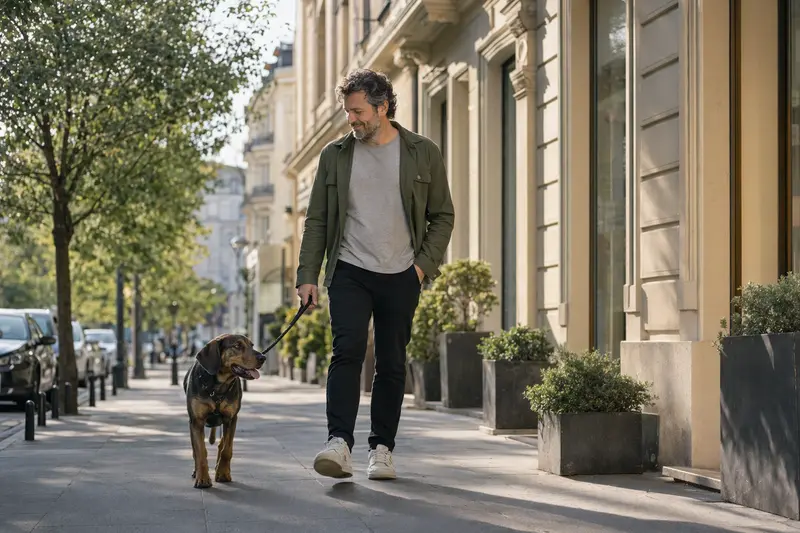 Ein Dunkerlaufhund läuft an der Leine mit seinem Besitzer durch eine moderne Stadtstraße im Alltag.