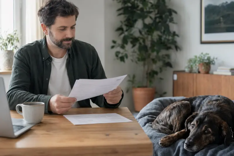 Ein Hundebesitzer sitzt mit einer Tierarztrechnung am Tisch, während ein entspannter Dunkerhund auf einer Decke daneben liegt und die Hundekrankenversicherung im Alltag veranschaulicht.