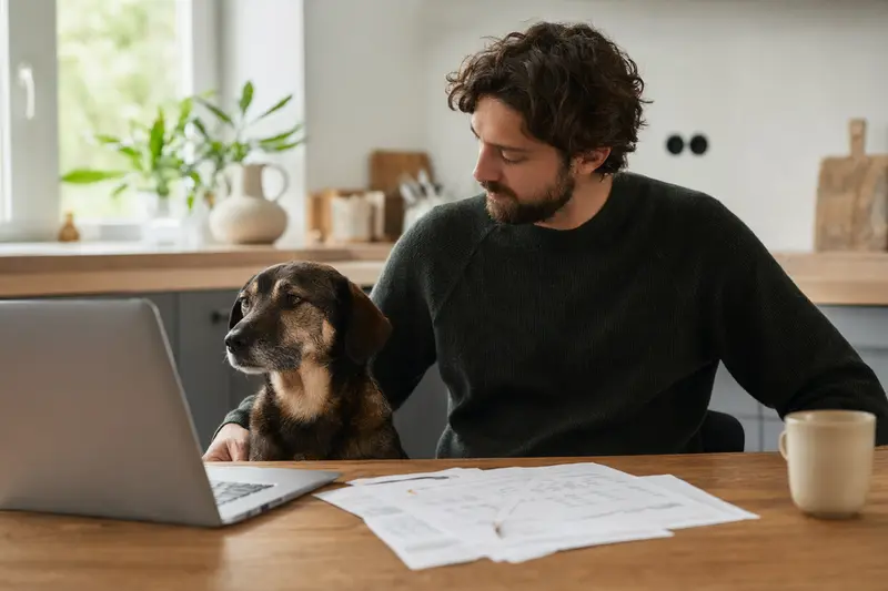 Ein Dunkerlaufhund sitzt entspannt neben seinem Besitzer am Küchentisch, auf dem Versicherungsunterlagen und ein Laptop liegen.