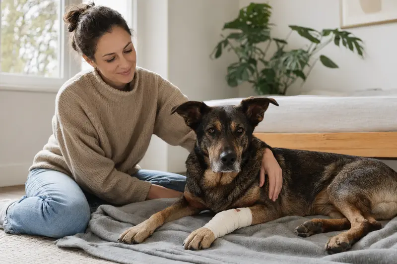 Ein Dunkerlaufhund mit leichtem Verband an der Pfote liegt neben seinem erleichterten Besitzer auf einer Decke in einer hellen Wohnung.