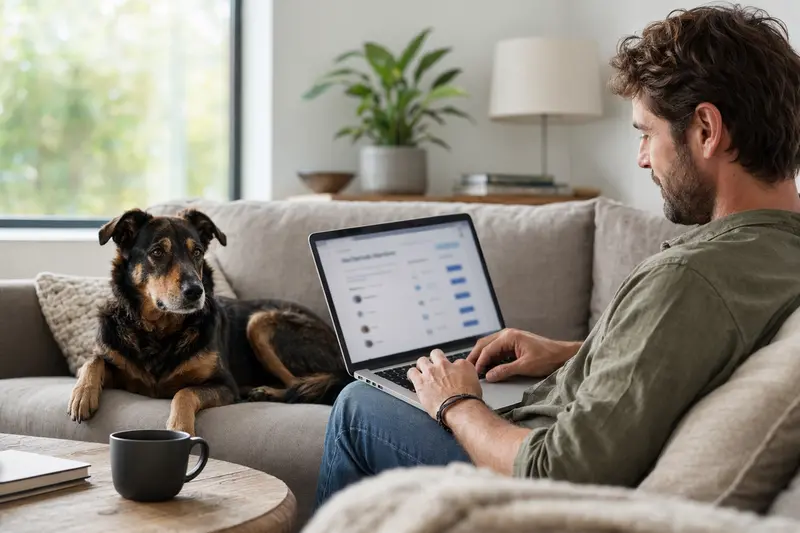 Ein Hundebesitzer sitzt mit seinem Dunkelaufhund auf dem Sofa und vergleicht online Versicherungen mit einem Laptop.