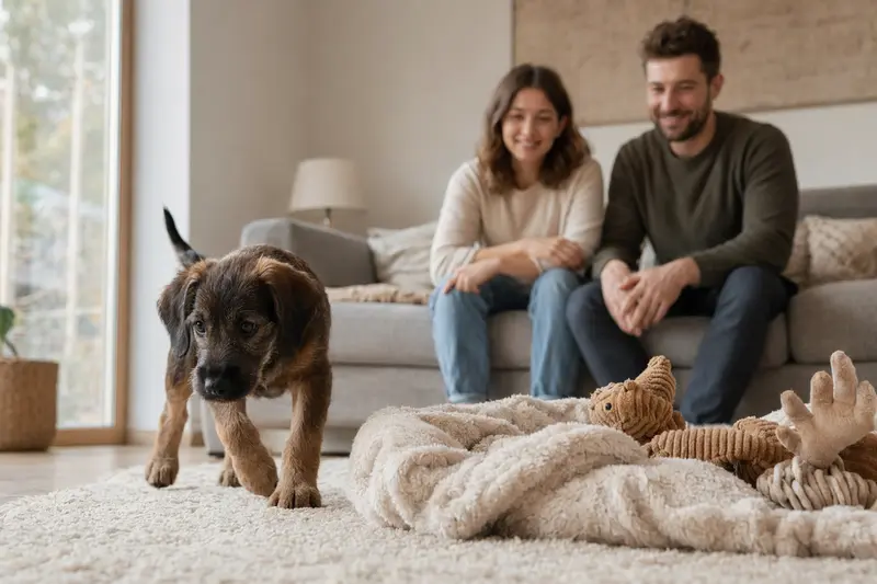 Aufgeregter Dunkerlaufhund Welpe entdeckt neugierig seine neue Umgebung mit Spielzeug und weicher Decke.