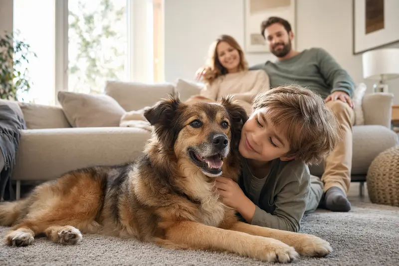 Ein entspannter Elchhund liegt neben einem Kind im Wohnzimmer und schafft eine vertrauensvolle Atmosphäre.