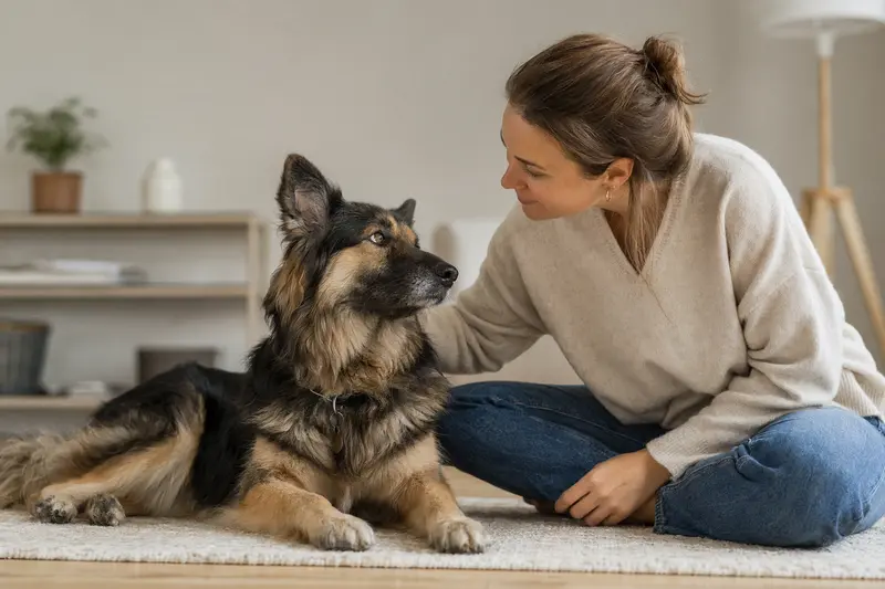 Ein aufmerksamer Elchhund steht in natürlicher Haltung vor hellem, neutralem Hintergrund.