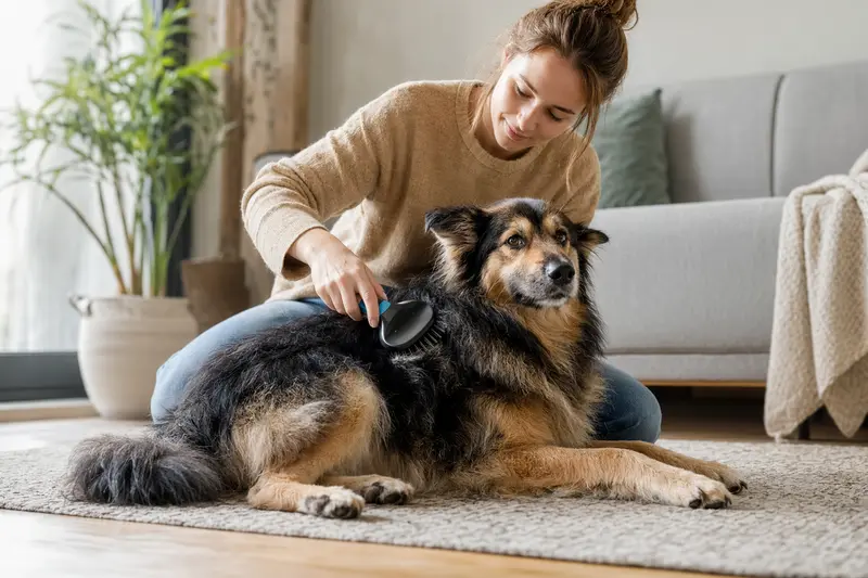 Ein Elchhund wird in einer hellen Wohnung sanft gebürstet, während seine Besitzerin liebevoll die Fellpflege übernimmt.