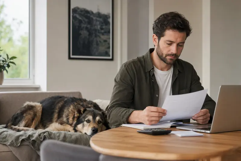 Ein Hundehalter sitzt mit einer Tierarztrechnung am Tisch, während ein entspannter Elchhund auf einer Decke liegt und die ruhige Wohnsituation eine lösungsorientierte Auseinandersetzung mit Tierarztkosten zeigt.