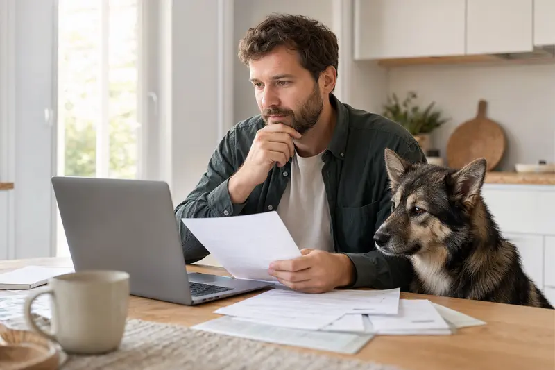 Ein Elchhund sitzt entspannt neben seinem Besitzer am Küchentisch mit Versicherungsunterlagen und einem Laptop.