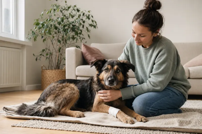 Ein Elchhund mit einem leichten Verband an der Pfote liegt entspannt neben seinem erleichterten Besitzer in einer hellen Wohnung.